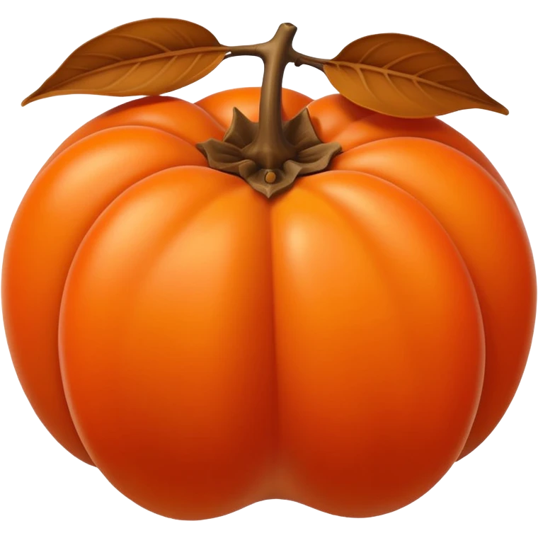 Flat emoji-style persimmon, smooth spherical shape, glossy surface, bright warm orange color, distinct dried brown leafy calyx on top, no side grooves, no ridges, not pumpkin-like, minimal detail, clean vector, iOS emoji style lighting. emoji