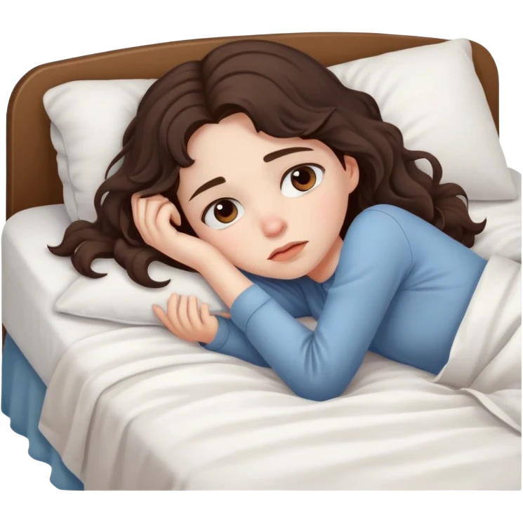 a very tired young girl with wavy dark brown hair laying on her bed emoji