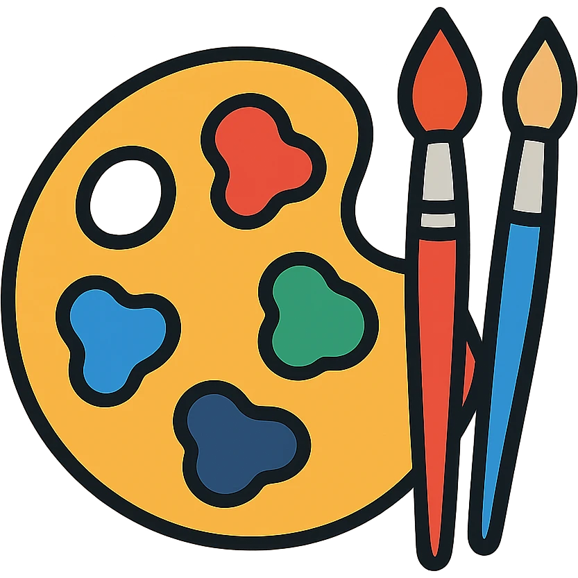 Detailed artist's palette with colorful paint blobs, palette holes, and paintbrushes nearby. Colorful outlined icon style. emoji