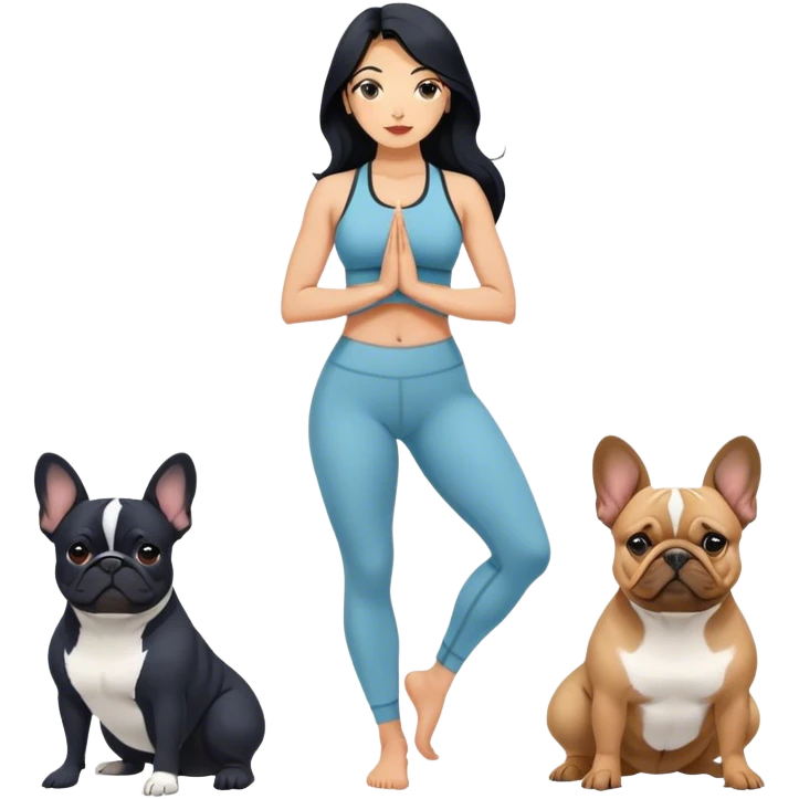 latin woman in yoga outfit with long black hair standing alongside two French bulldogs  emoji