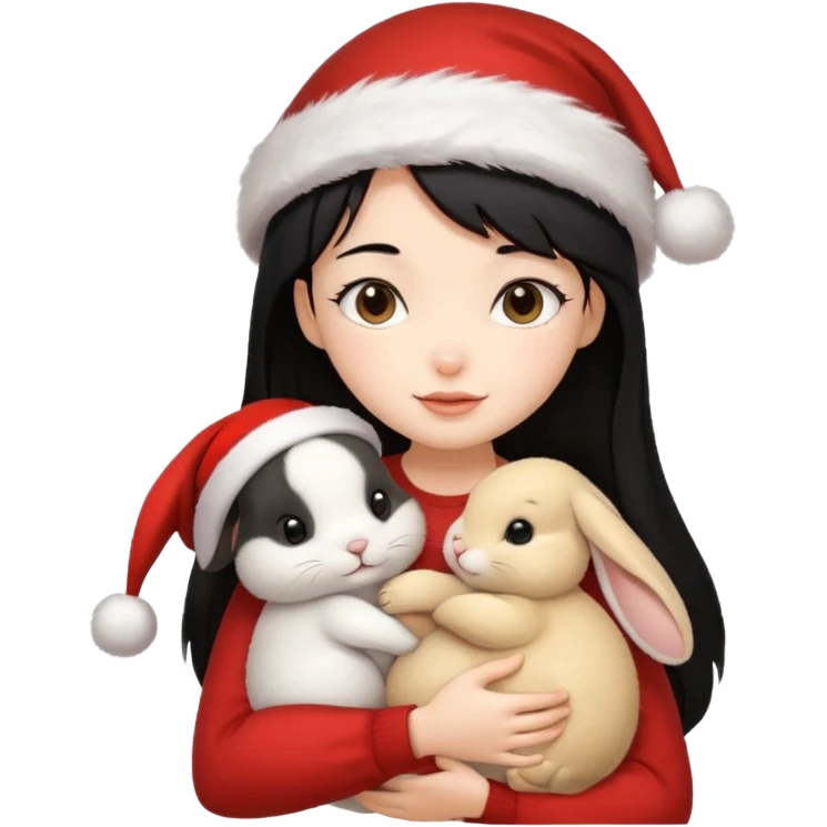 Girl black hair hugging one beige rabbit christmas emoji