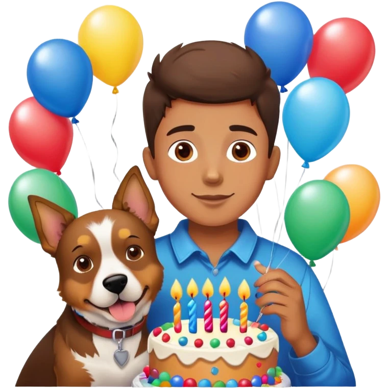 boy and his dog at party with balloons and cake emoji