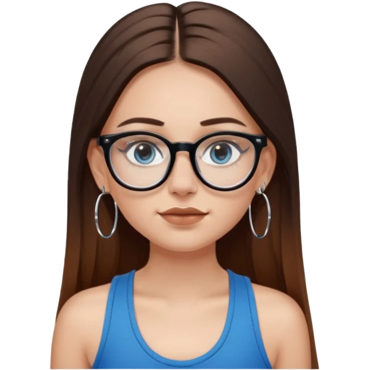 White girl with long straight brown hair and blue eyes wearing plastic frame glasses that go from black to clear ombré from top to bottom. Septum nose piercing and stud nose piercing on right side of nose. Wearing BLACK tank top. Wearing big hoop earrings  emoji