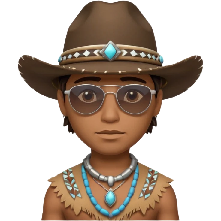 cute Indigenous tribal male portrait, head and shoulders only, cowboy hat, sunglasses, tribal jewelry, confident expression, 3D cartoon, mobile game icon style, clean background, no text, no watermark
 emoji