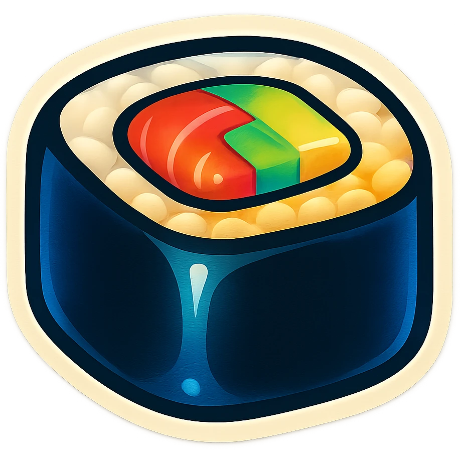 A sushi roll with colorful ingredients and a playful design emoji