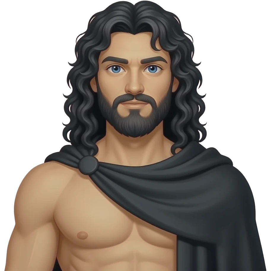 Pluto from Roman Mythology with indigo eyes, long black curly hair and beard, black cloak, shirtless emoji