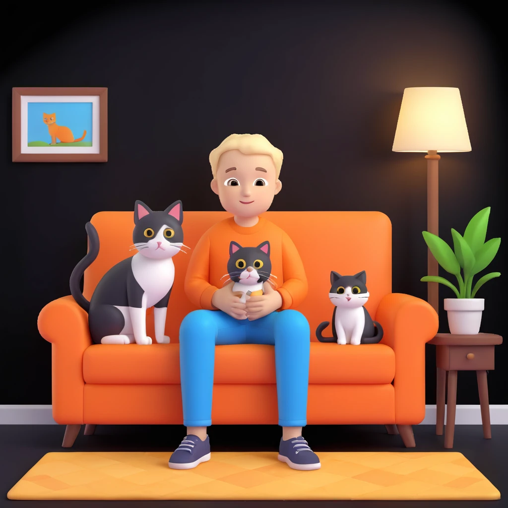 boy and cat pet, living room background emoji