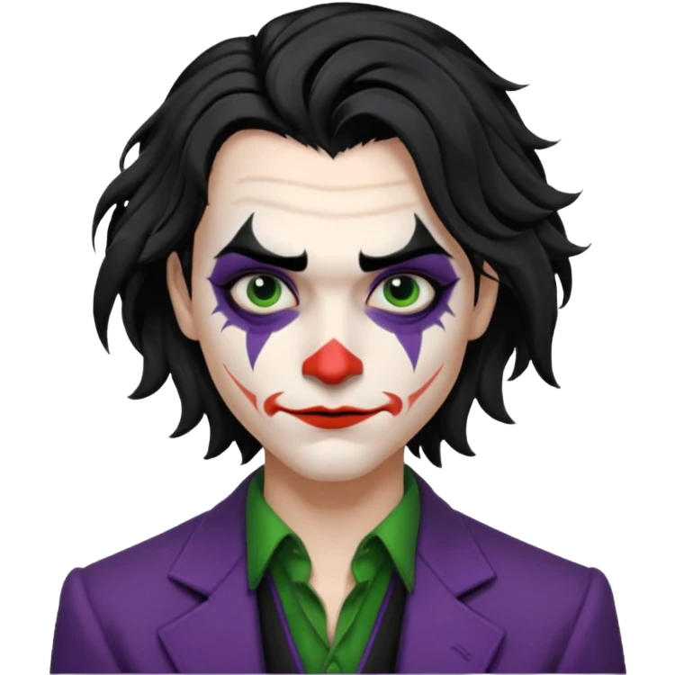 Faça uma pessoa com cabelo preto pouco bagunçado e pouco grande com cara de coringa emoji