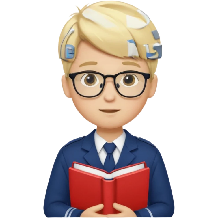 Boy student wearing uniform, glasses, hold book in front of their chest, blonde hair, white skin emoji