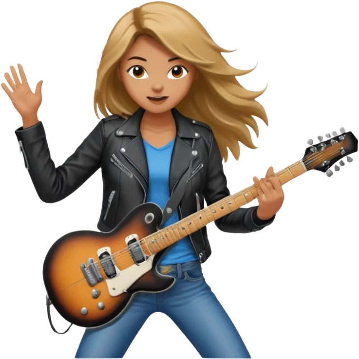 Young woman – standing on stage, leather jacket, playing electric guitar, energetic pose emoji