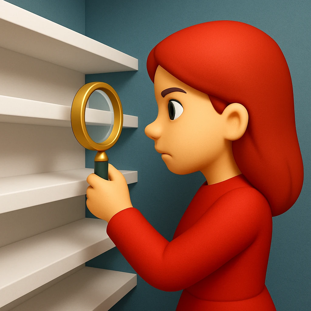 emoji of white empty shelf in perspective view with a standing woman nearby, she is looking at the shelfs with a magnifying glass, she is turned to the shelfs, emoji style, woman wearing a red dress, adjust the perspective to be more dramatic, with a different background emoji