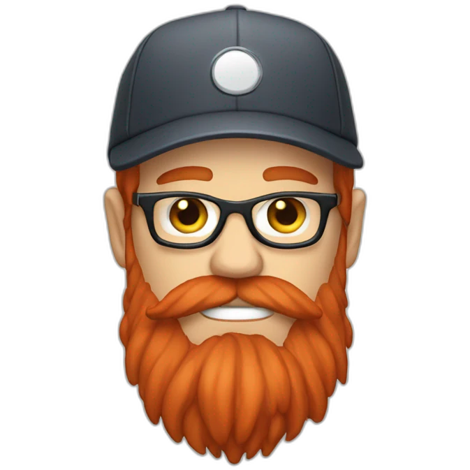 white hipster with large red beard wearing a video game hat emoji
