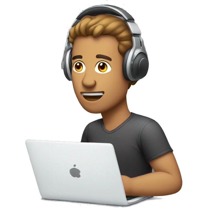 man in headphones talking hold laptop and phone only upper part of body  emoji