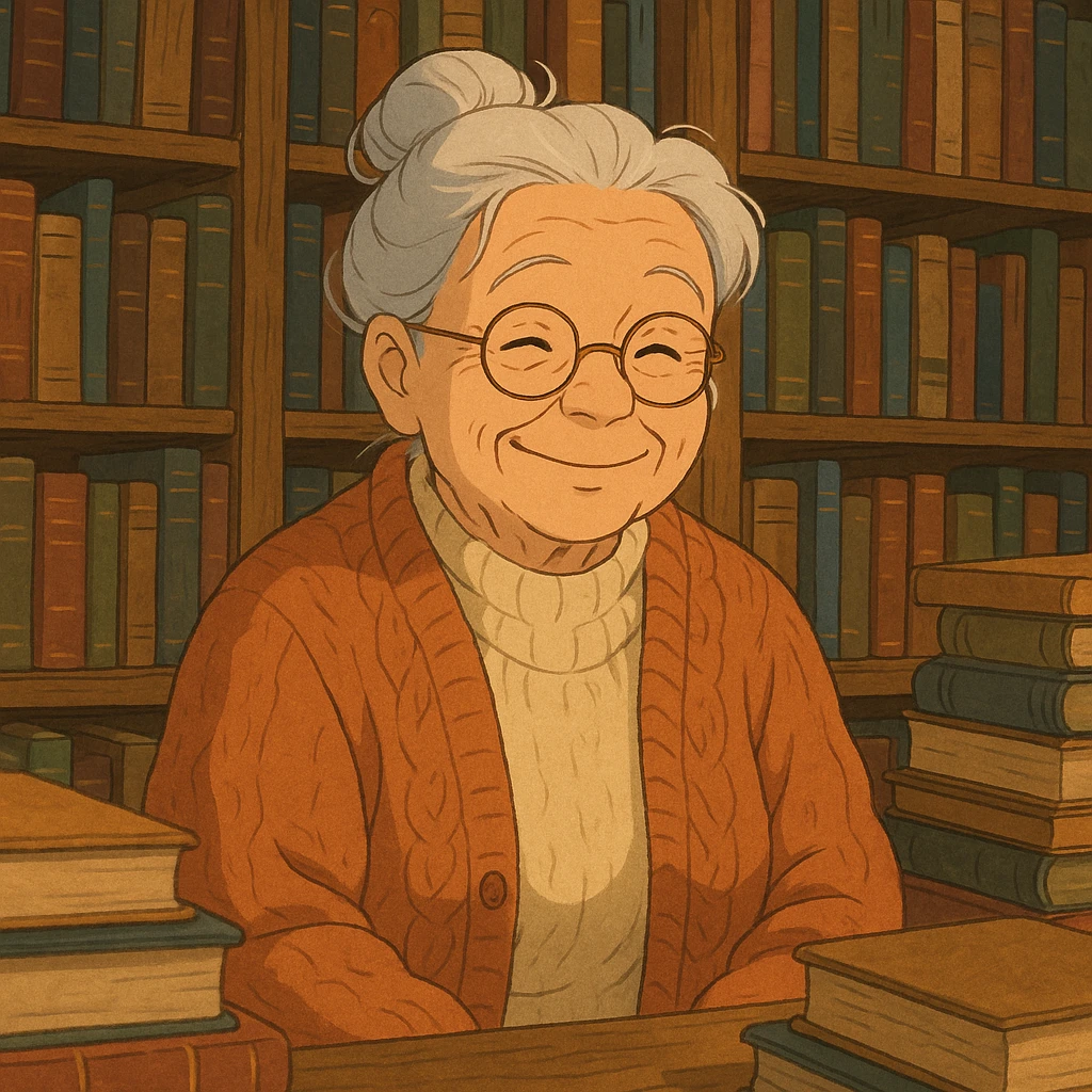 ghibli style elderly smiling librarian granny, warm expression, glasses, cozy sweater, surrounded by books emoji