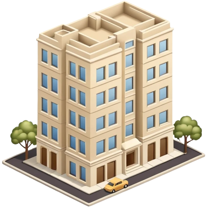 Upper East Side beige apartment building high-rise, isometric dollhouse-style, realistic emoji