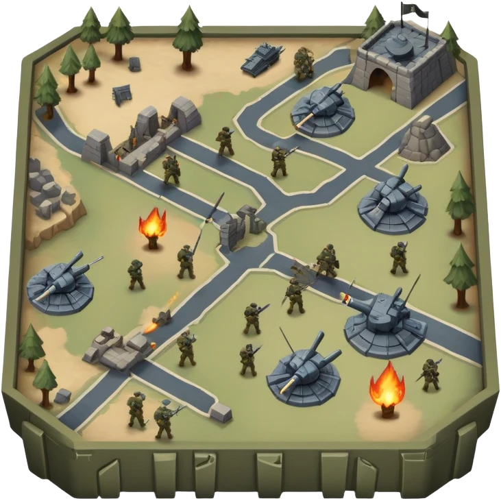An icon showing a strategic battle scene with a top-down view of an army, inspired by classic strategy games. The interface displays unit icons, a minimap, and resource counters. Soldiers and siege weapons engage in combat on detailed terrain. Transparent background. emoji