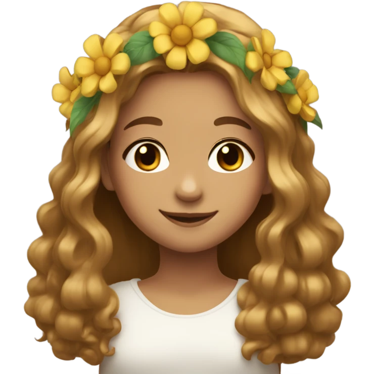 smiling girl with flower crown，Her hair is golden brown, long hair emoji