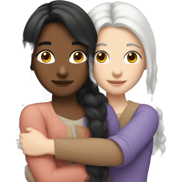 A lesbian couple who both have white skin and long black hair are hugging intimately. emoji