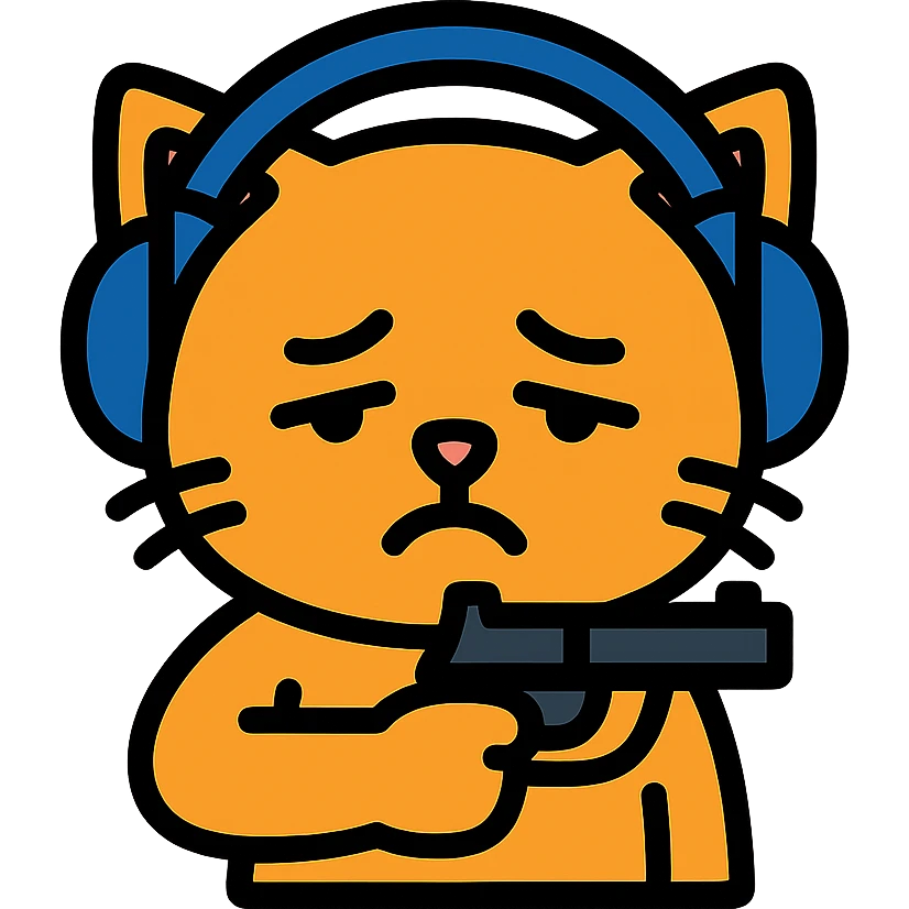 tired sad cat holding a gun, wearing headphones, colored icon emoji