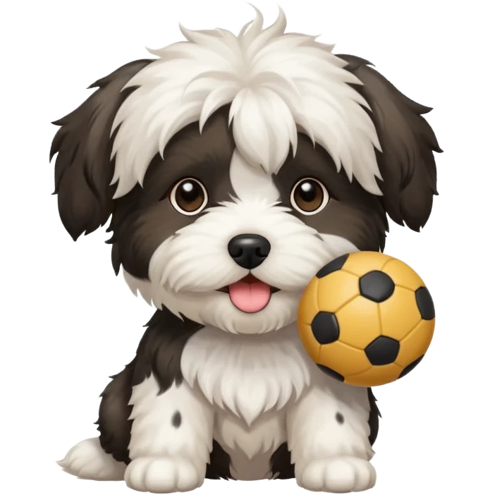 white Havenese with black spots dog standing with small ball emoji