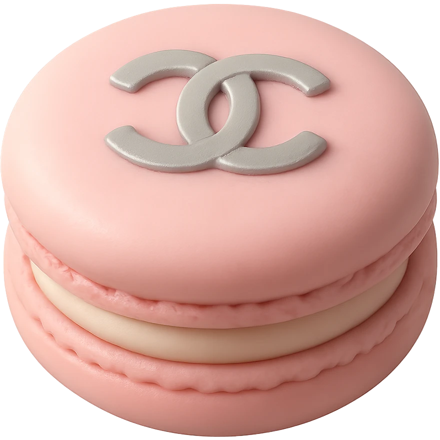 pastel Chanel macaron with a silver logo, fondant cake art style emoji