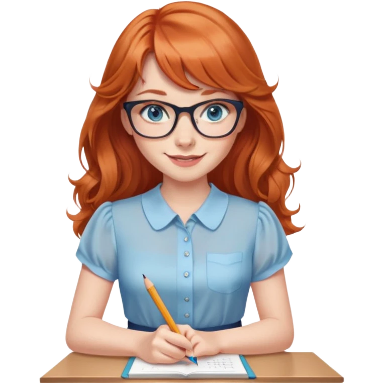 redheaded woman with long wavy hair and bangs, blue eyes, clear cat-eye glasses, short-sleeve apricot blouse, pencil skirt, holding a pencil, smiling emoji