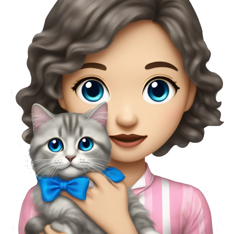 Long Brunette wavy hair Asian girl holding fluffy Ragdoll with blue eyes and pink bow collar and gray striped Scottish fold cat   emoji