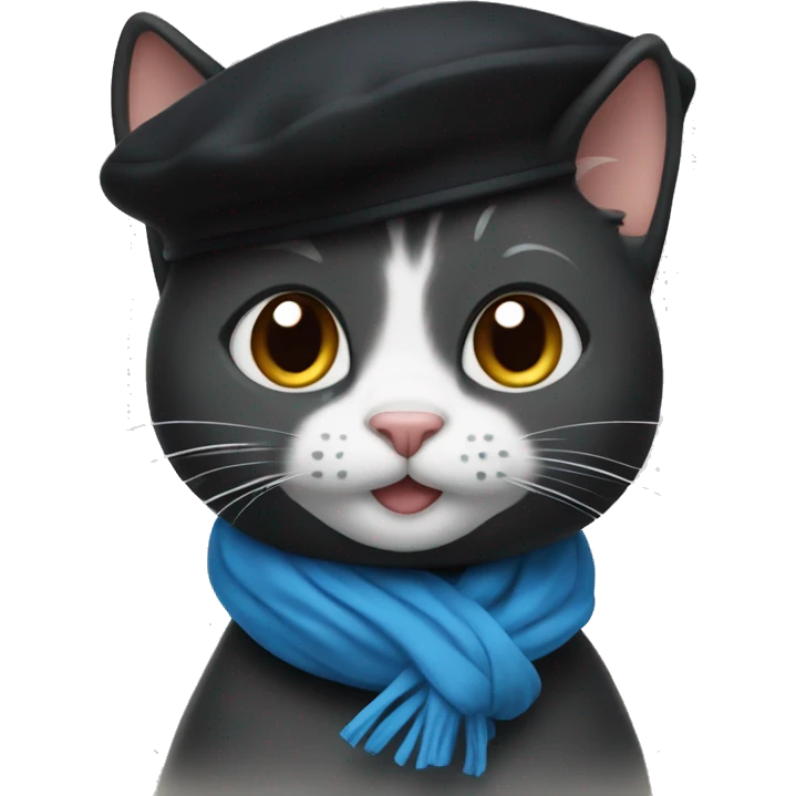 Smiling cat wearing a black beret and a blue scarf emoji