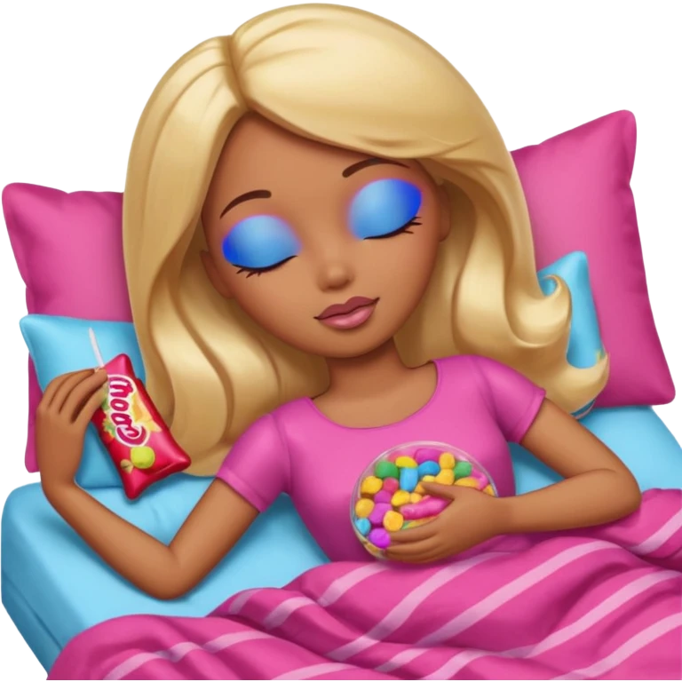 Brown skin blonde hair Barbie sleeping in bed with eyes closed with candy emoji