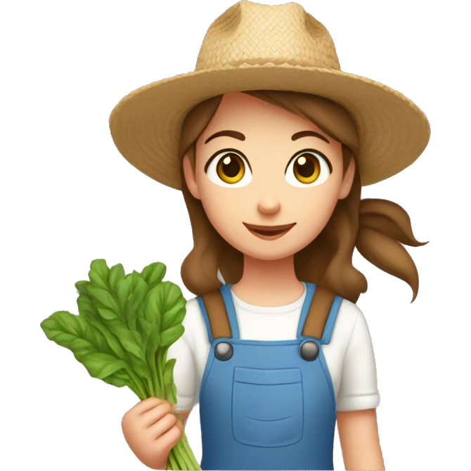 farmer girl blue eyes, brown hair, with a straw hat, ponytail, holding greens emoji
