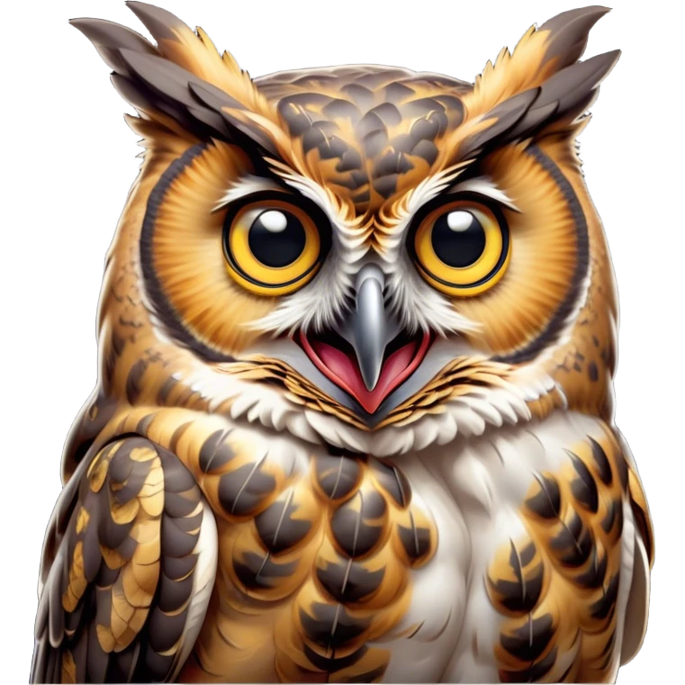 Cinematic Comical Great Horned Owl Portrait Emoji, Head tilted dramatically with an exaggeratedly amused expression, featuring a strikingly patterned mottled plumage with bold contrasts, wide, expressive golden eyes filled with playful disbelief, Simplified yet hilariously expressive features, highly detailed, glowing with a slightly sassy glow, high shine, dramatic yet playful, stylized with an air of cheeky nocturnal mischief, bright and endearing, soft glowing outline, capturing the essence of a spirited and over-the-top owl, so meme-worthy it feels like it could hoot its way into internet fame instantly! emoji