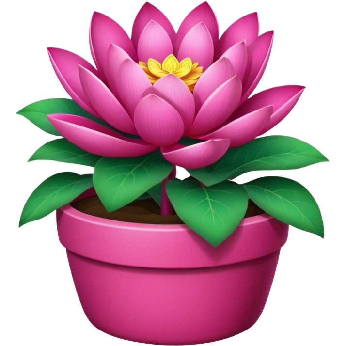 Decorative fuchsia-colored flower pot with a lotus flower plant; the pot is shallow emoji