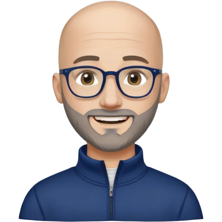 Caucasian man with skin fade haircut (bald on sides fading to short on top), short beard with gray streaks, large black eyeglasses, cheerful expression, navy blue long sleeve sweatshirt with quarter zip emoji