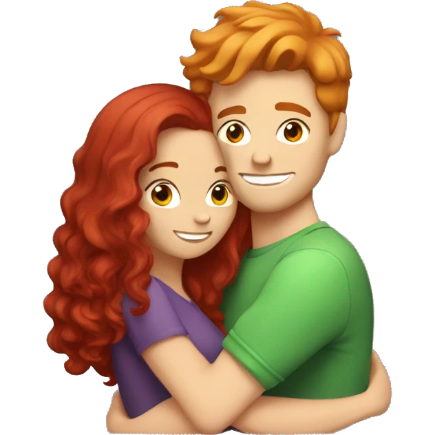 Red hair girl hugging brunette haired white guy emoji