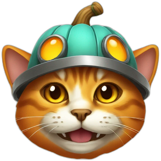 nasty old cat smiling wearing pumpkin helmet emoji