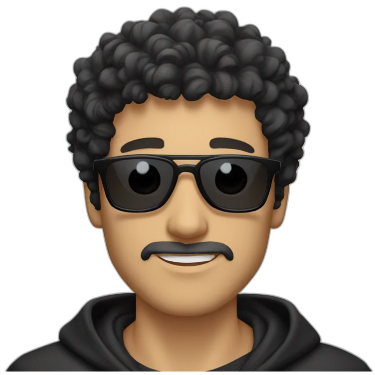 Caucasian man with black curly hair and stubble wearing black hoodie and sunglasses  emoji