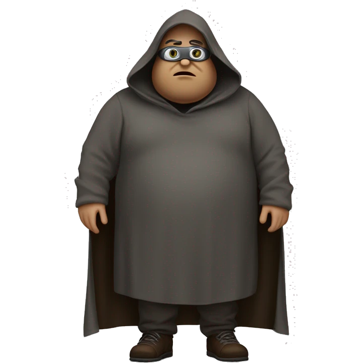 Fat guy shrouded in a dark brown grey cloak he has goggles and a fat enough underneath his hood and the hood is closed down to his big feet emoji