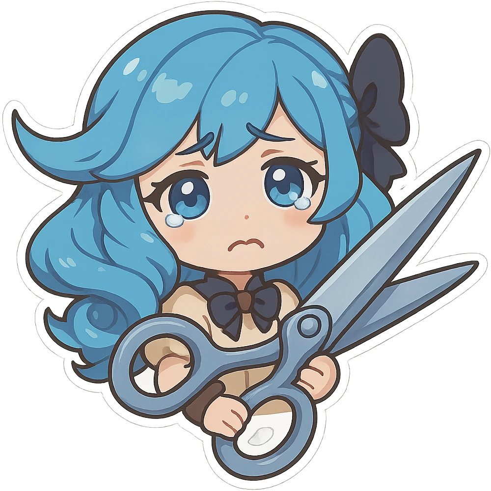 Gwen from League of Legends, chibi style, sad emote, oversized scissors, blue hair, teary eyes, cute doll-like expression emoji