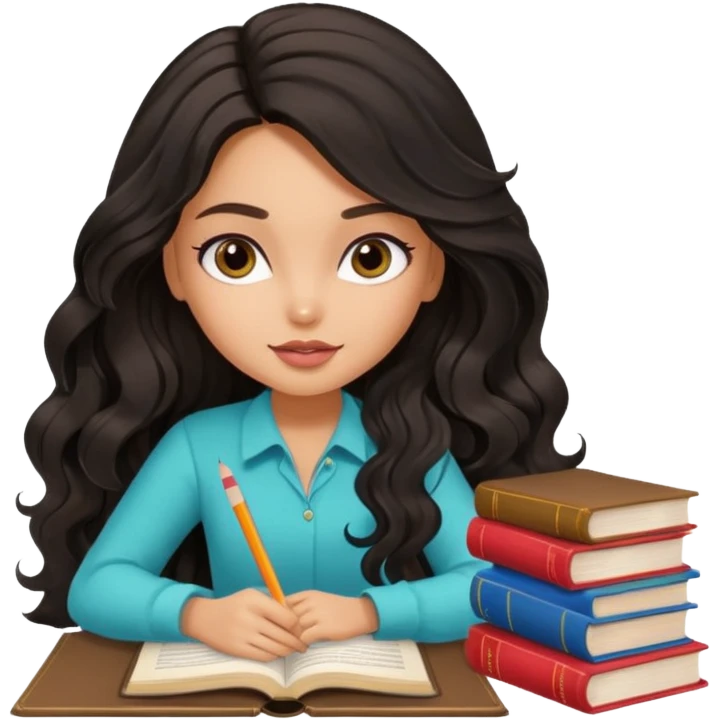 a pretty tan bratz girl with black wavy long hair studying. Pile of books on the table. No glasses emoji