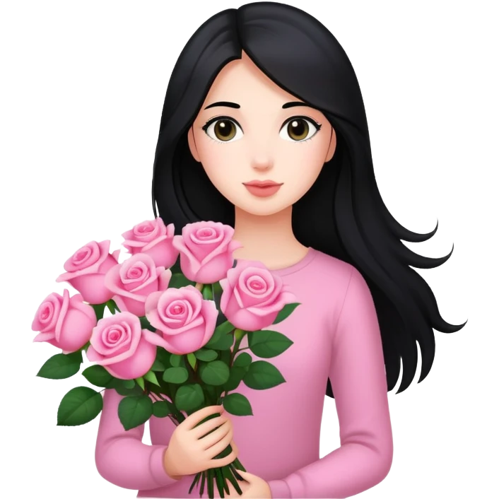 A beautiful girl with long black hair holding a bouquet of pink roses emoji
