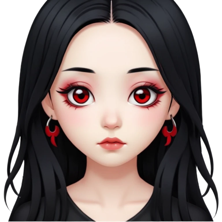 goth Asian girl. long hair. shaggy middle part hair. big dark eyes and eyelashes. red blush. emoji