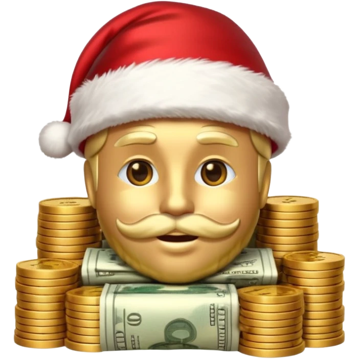 A confident rich emoji face wearing a Santa hat, money stacks, casino vibe, New Year theme, premium 3D emoji style, sharp details, no text, isolated on transparent background emoji