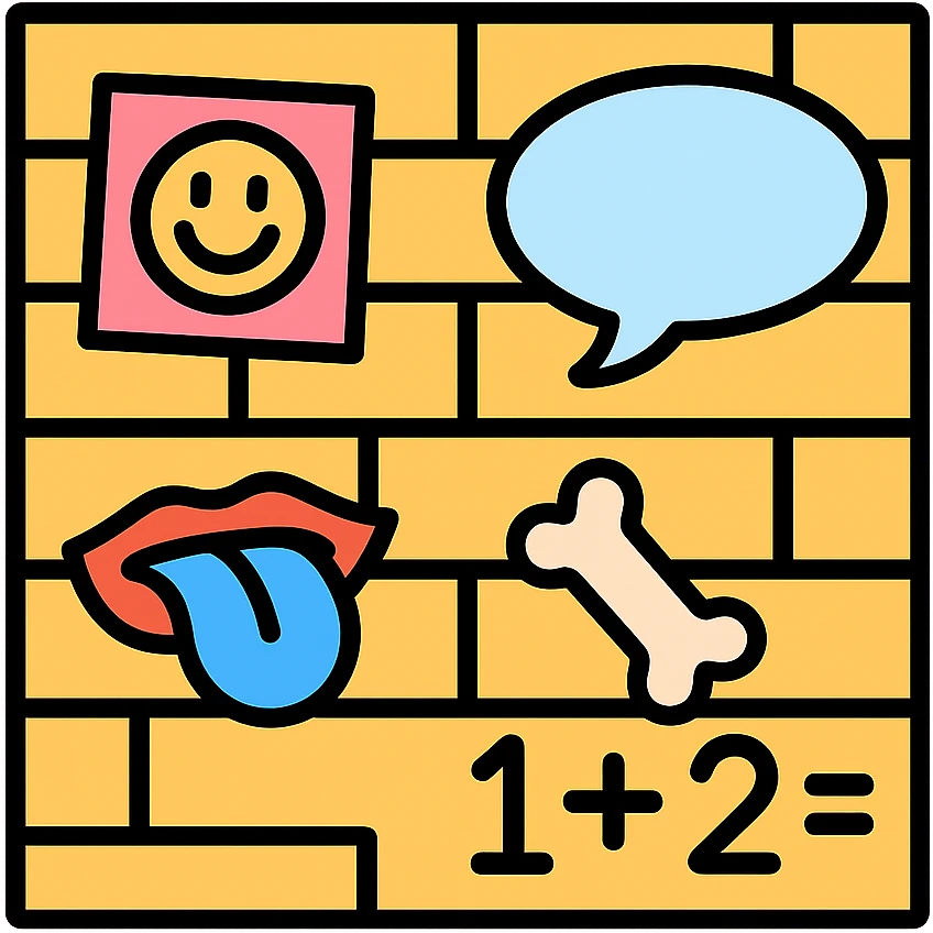 color outline icon style wall of jokes, a lineal color icon style scene of a wall covered with various humorous illustrations and jokes emoji