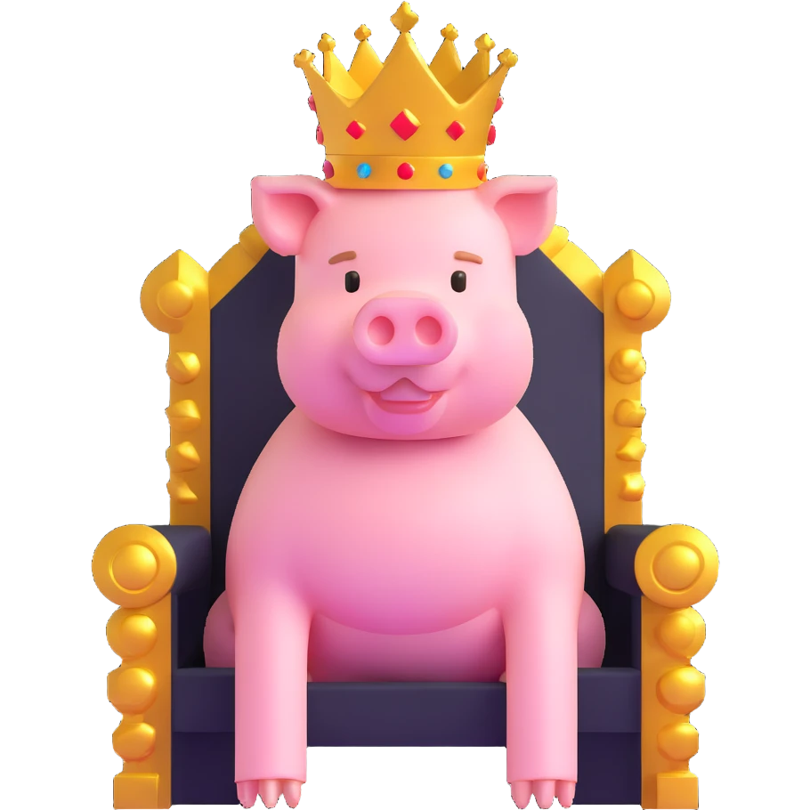 Minecraft style pig with a golden crown sitting on a throne, inspired by Technoblade emoji