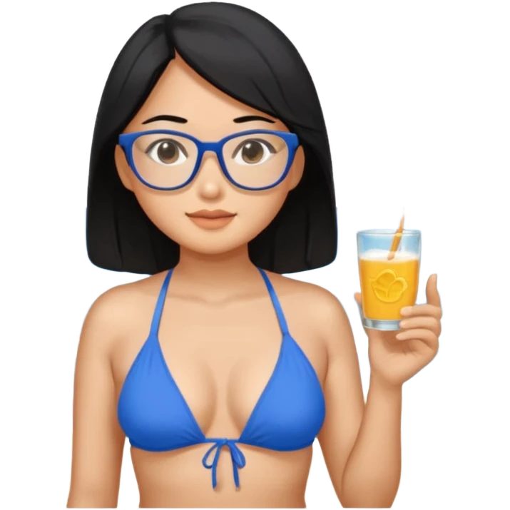 asian woman with black hair with glasses wearing a blue bikini at the beach emoji
