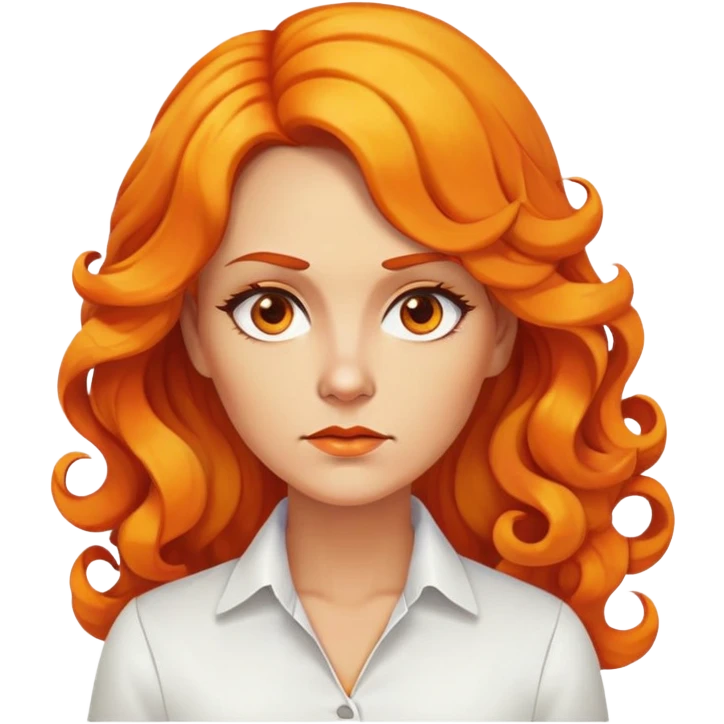 nữ 40 tuổi, da vàng, tóc dài xoăn phần đuôi màu cam, mặt nghiêm túc, áo trắng ko có cổ emoji