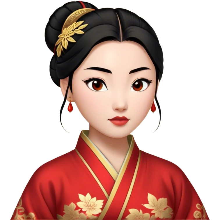 Cinematic Realistic Majestic Mulan Portrait, featuring finely rendered light skin with natural luminescence and expressive, determined eyes. Her black hair is styled with care into an elegant bun, and every fold of her traditional robe—adorned with subtle red motifs and refined gold trim—is depicted with intricate fabric detail. The scene is bathed in soft, natural light that enhances the depth and authenticity of the image, conveying a noble and serene aura that embodies timeless elegance and inner fortitude. emoji