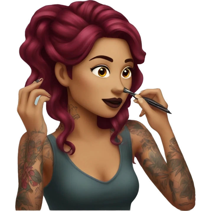 Beautiful tattooed burgundy long haired woman doing her makeup emoji