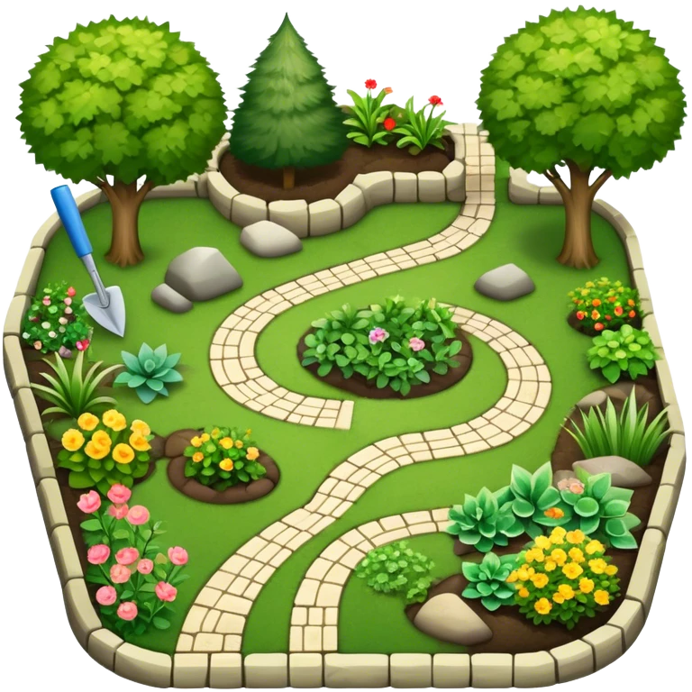 Icon for Landscape Design: a garden layout with plants, trees, paths, and design tools like a spade, pencil and measuring tape. The icon should represent creativity in outdoor space planning and gardening. Transparent background. emoji