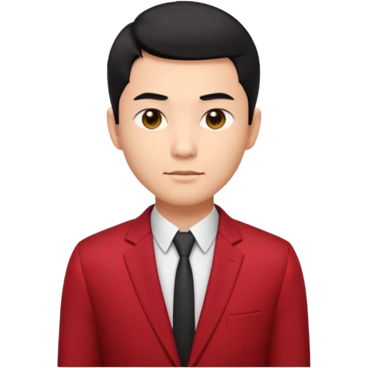 cool handsome Asian man emoji, short black hair styled with exposed forehead, natural slick hairstyle, sharp facial features, fair skin, confident eyes, subtle smirk, wearing dark red suit and white shirt with top buttons undone emoji